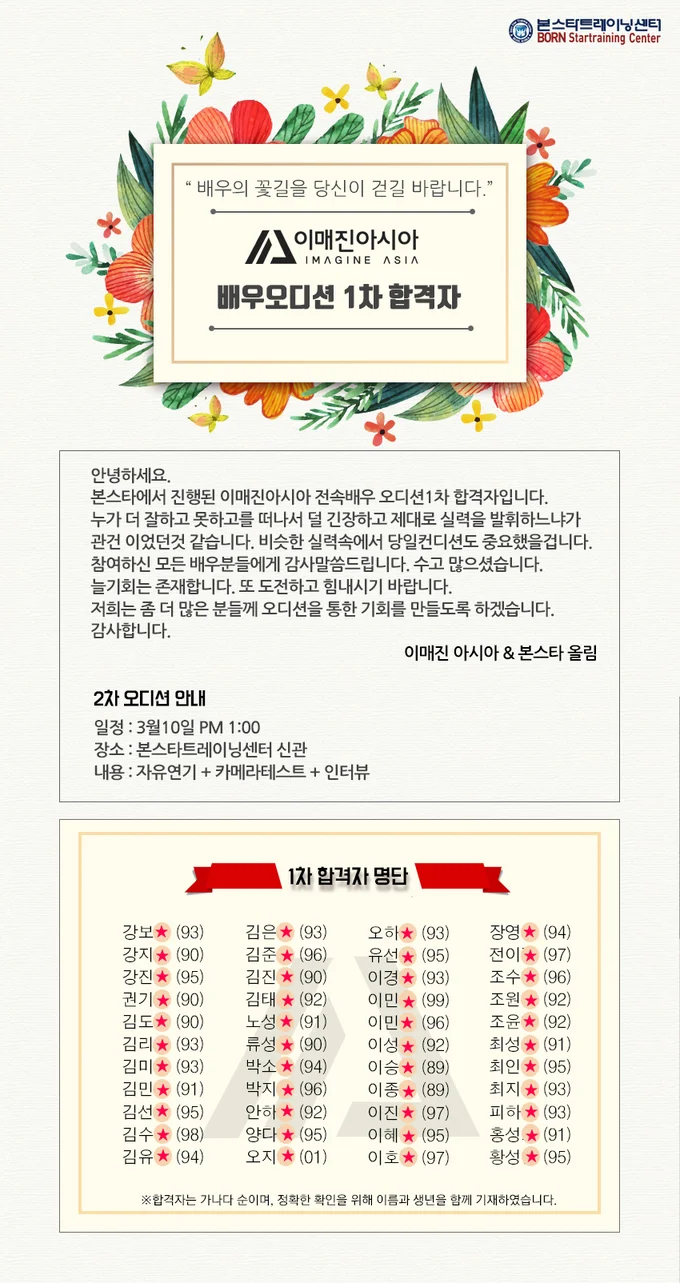 이매진아시아, 전속배우 1차 합격명단